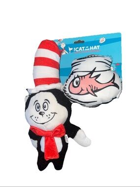 Dr Seuss Cat in the Hat Dog Toy 2 Pack Plush Squeaker Cat & Fish NWT
